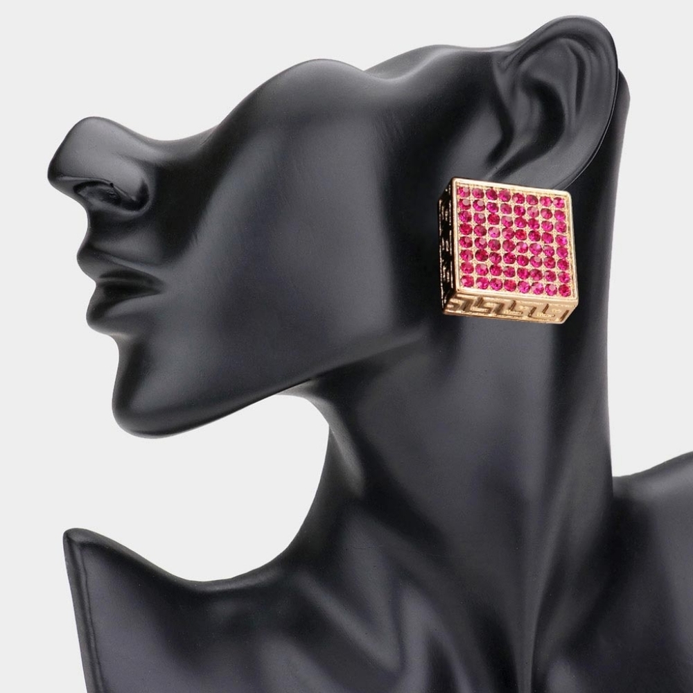 Fuchsia Pink Gold Greek Key Patterned Rhinestone Crystal Square Stud Earrings
